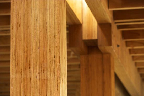 Close up of structural beans in a building, built with laminated timber