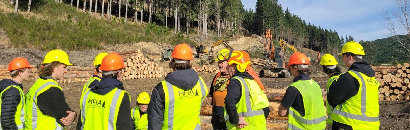 Group of students in hi-vis vests listen to an instructor on a forestry site