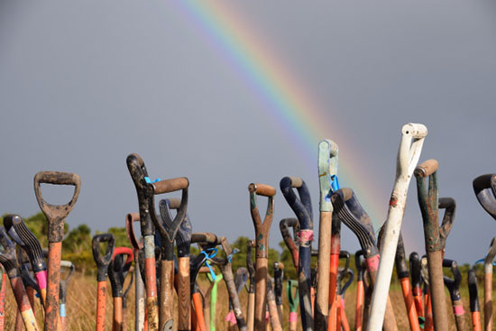 The handles of 10 spades stuck into the ground. A rainbow glows behind